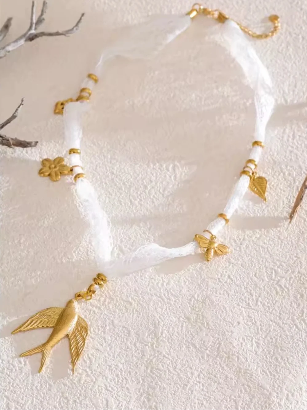 Gold Bird Charm White Lace Necklace